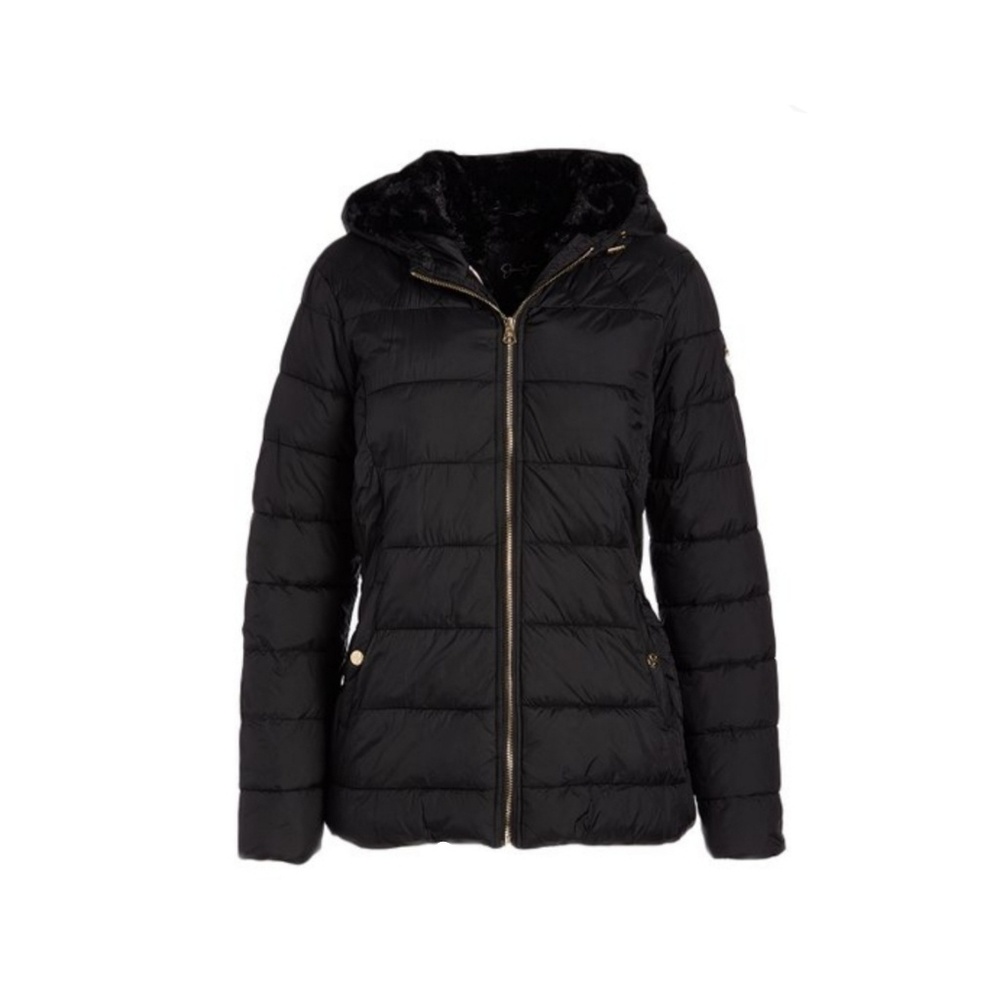 Jessica Simmon Black Faux Fur-Hood Puffer Coat